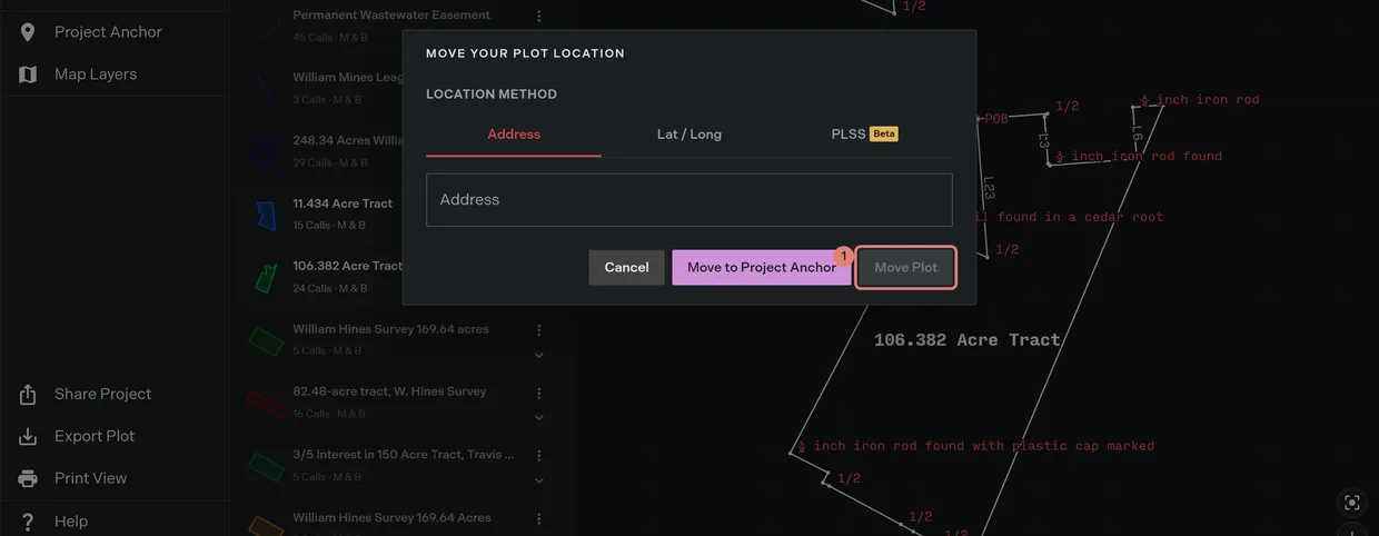 Step 1: the Move Plot to Location dialog, with its Address, Lat / Long and PLSS tabs