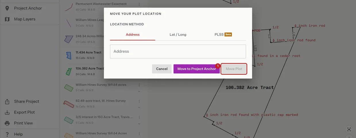 Step 1: the Move Plot to Location dialog, with its Address, Lat / Long and PLSS tabs