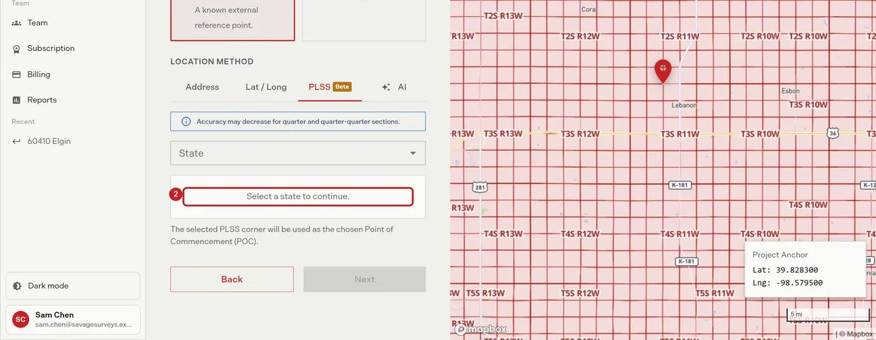 Step 2: the PLSS placement panel before a state is chosen