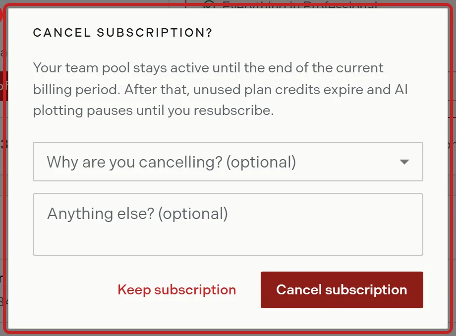 Step 2: the cancel subscription confirmation, which states that the pool stays active until the end of the period and unused plan credits then expire