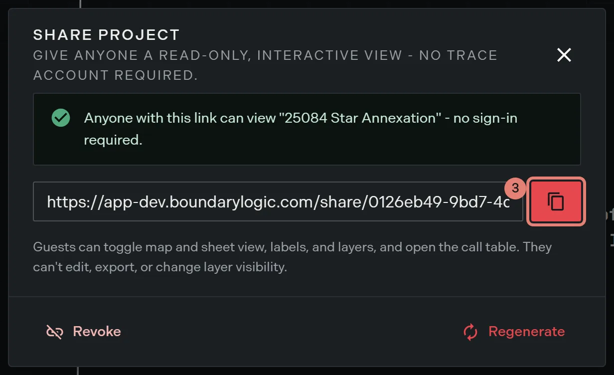 The share dialog after a link is created, with the copy control beside the URL outlined