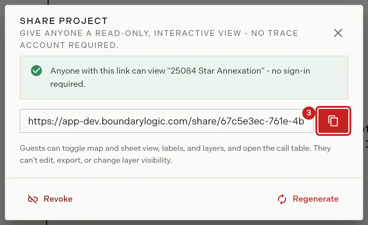 The share dialog after a link is created, with the copy control beside the URL outlined