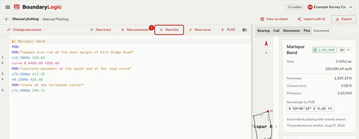 Step 1: the New line button on the manual plotting editor toolbar, with the deed editor beneath it