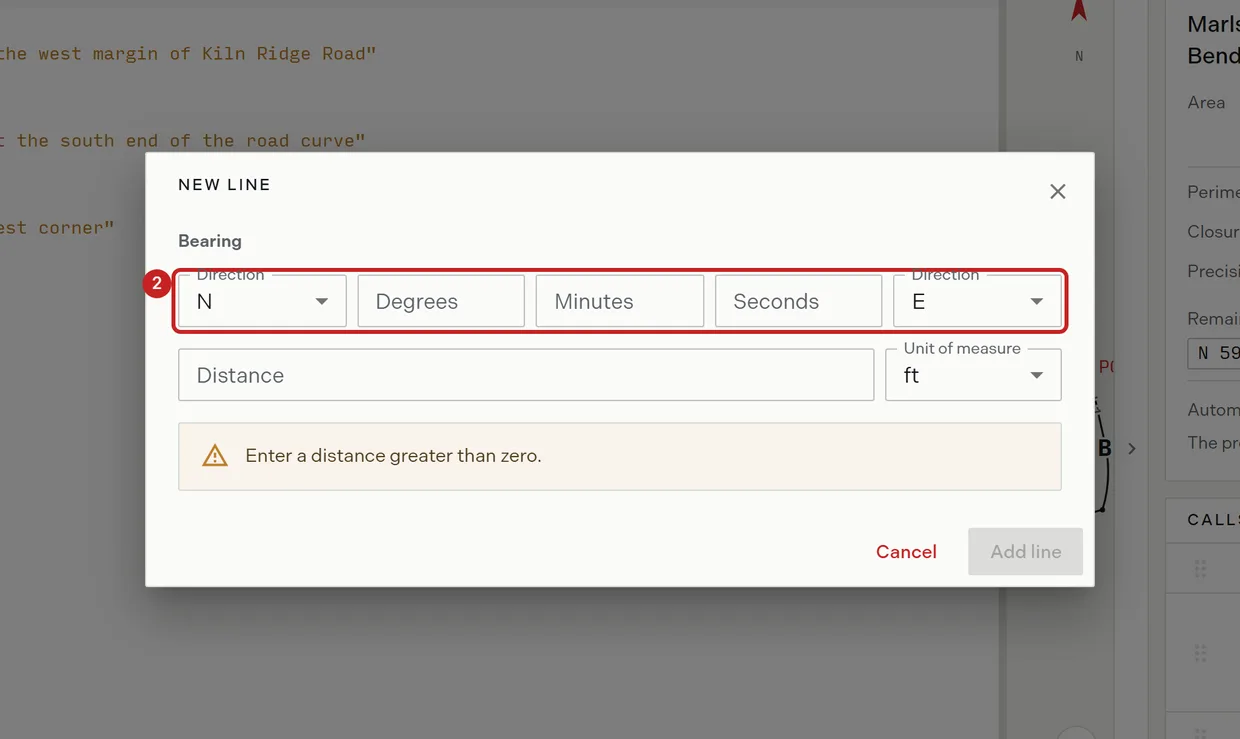 Step 2: the bearing fields on the new line form, direction, degrees, minutes, seconds and the second direction