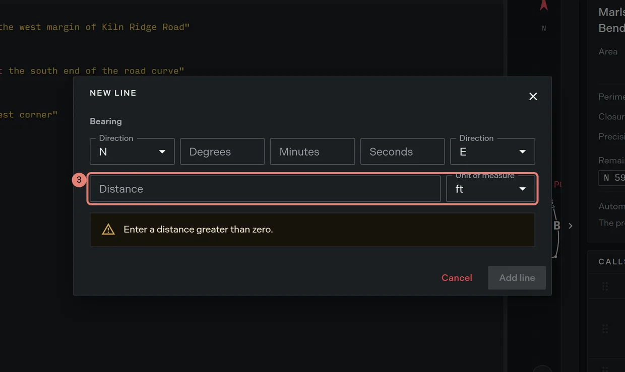 Step 3: the distance field and its unit of measure select on the new line form