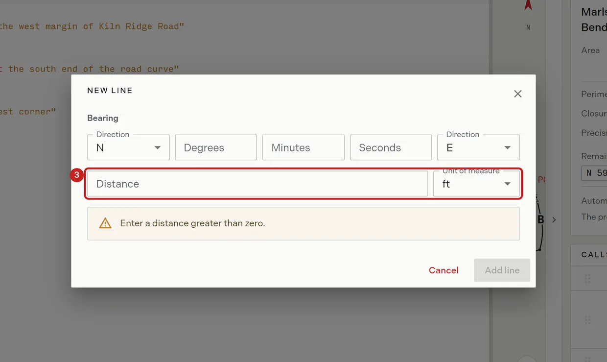 Step 3: the distance field and its unit of measure select on the new line form