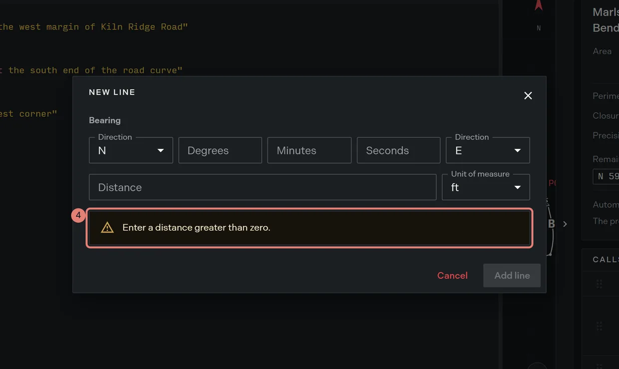 Step 4: the preview on the new line form showing the resolved bearing, the distance in feet and the line to be written