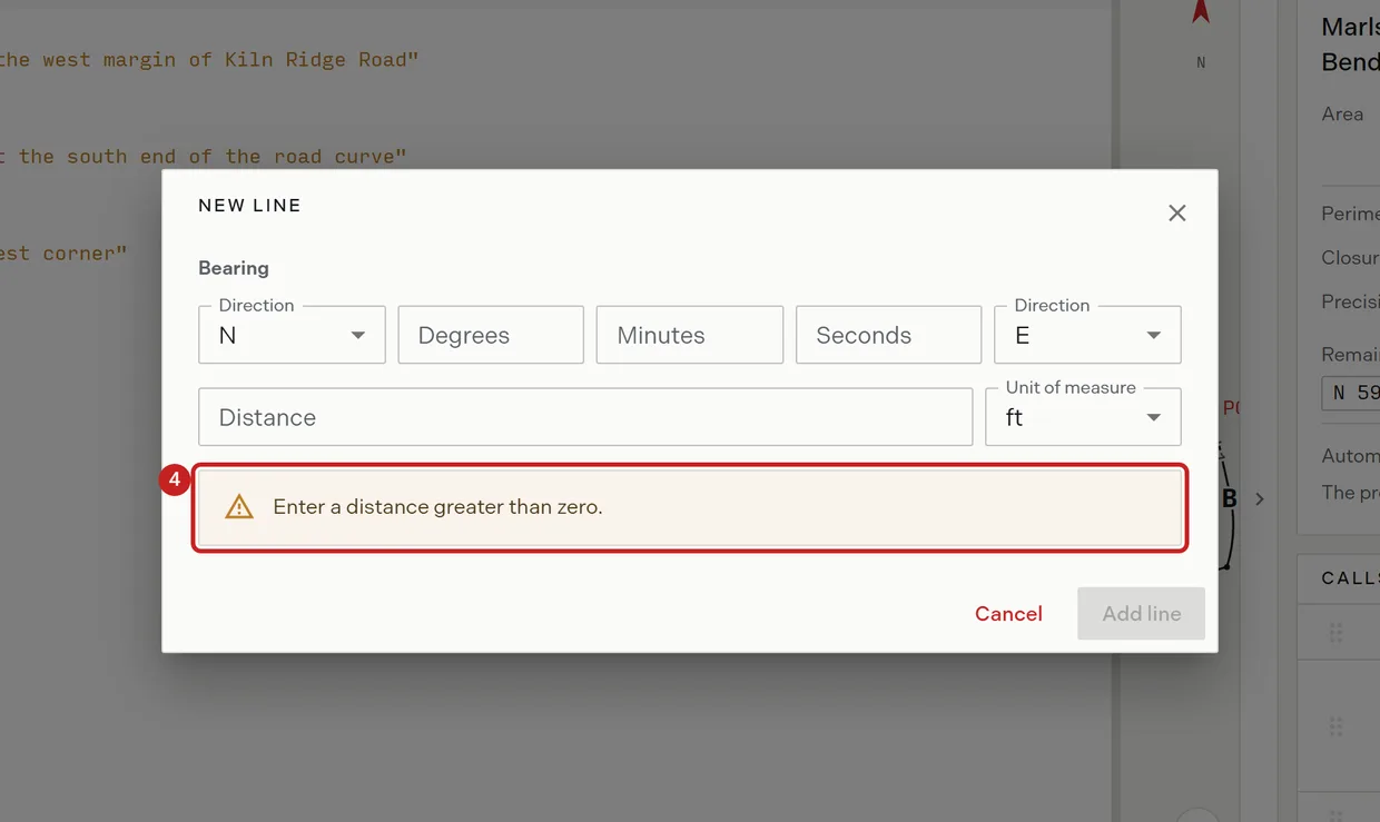 Step 4: the preview on the new line form showing the resolved bearing, the distance in feet and the line to be written