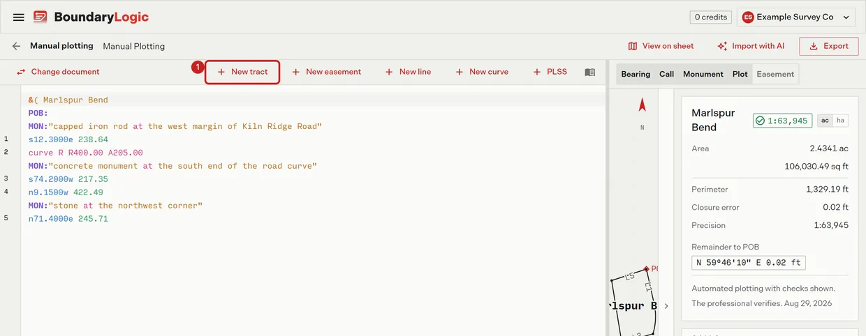Step 1: the New tract button on the manual plotting editor toolbar