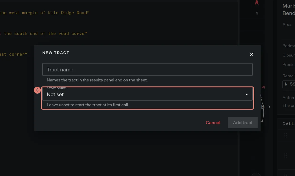Step 3: the start point choice on the new tract form, Not set, Point of Beginning or Point of Commencement