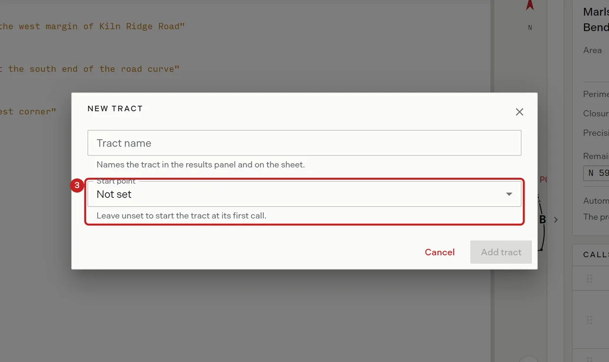 Step 3: the start point choice on the new tract form, Not set, Point of Beginning or Point of Commencement