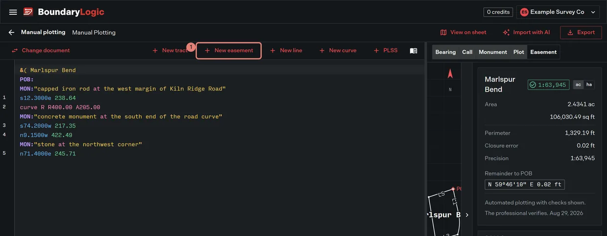 Step 1: the New easement button on the manual plotting editor toolbar