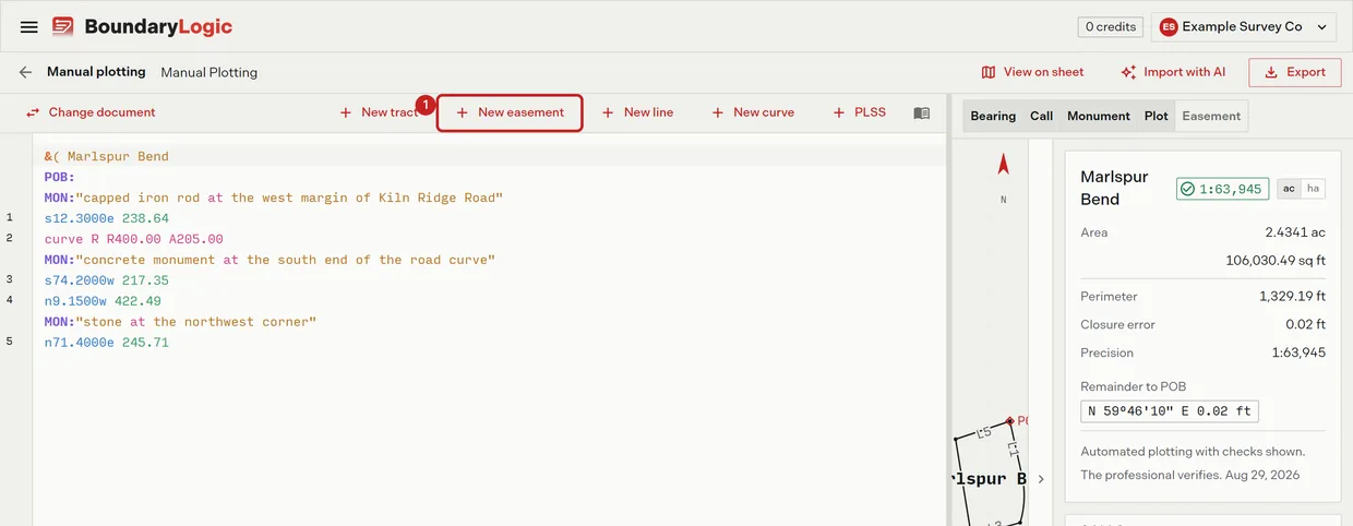 Step 1: the New easement button on the manual plotting editor toolbar