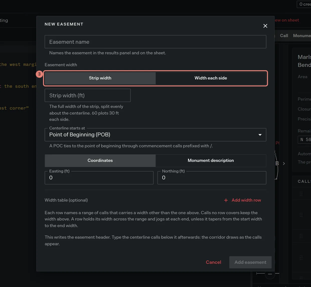 Step 3: the width mode choice on the new easement form, strip width or a left and right figure per side