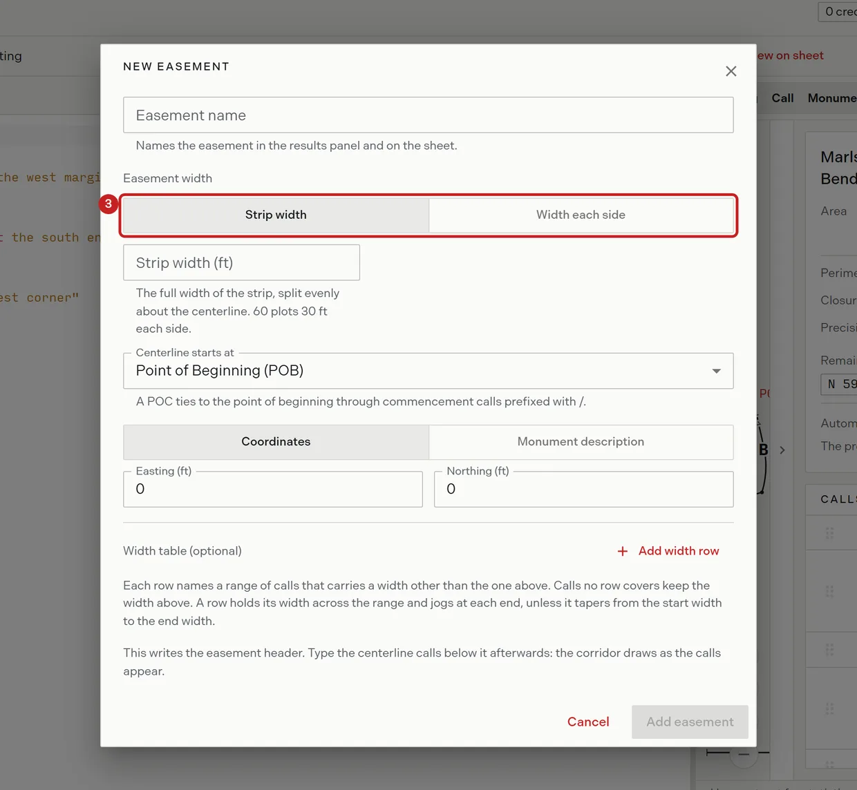 Step 3: the width mode choice on the new easement form, strip width or a left and right figure per side