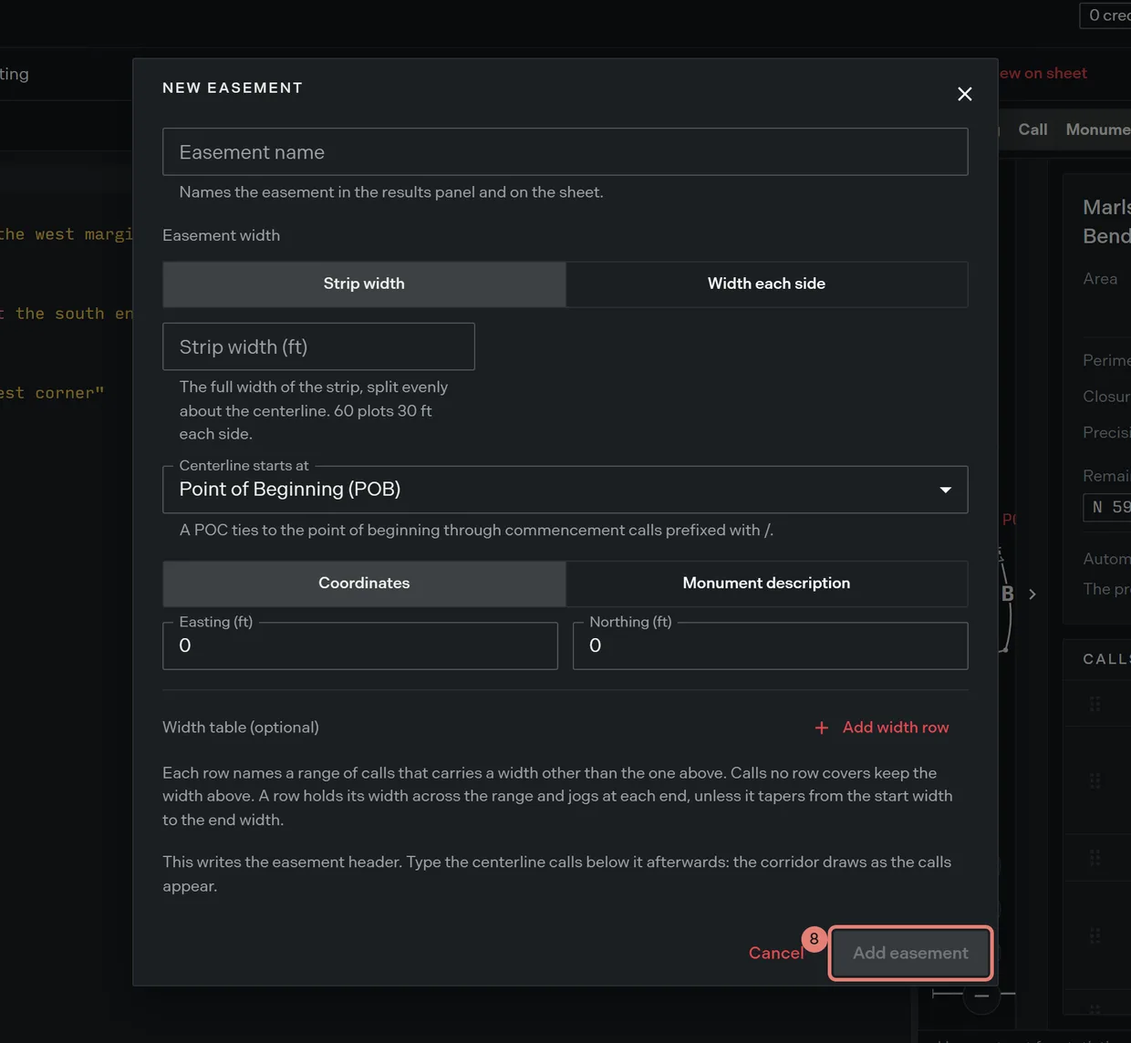 Step 8: the Add easement button on the new easement form