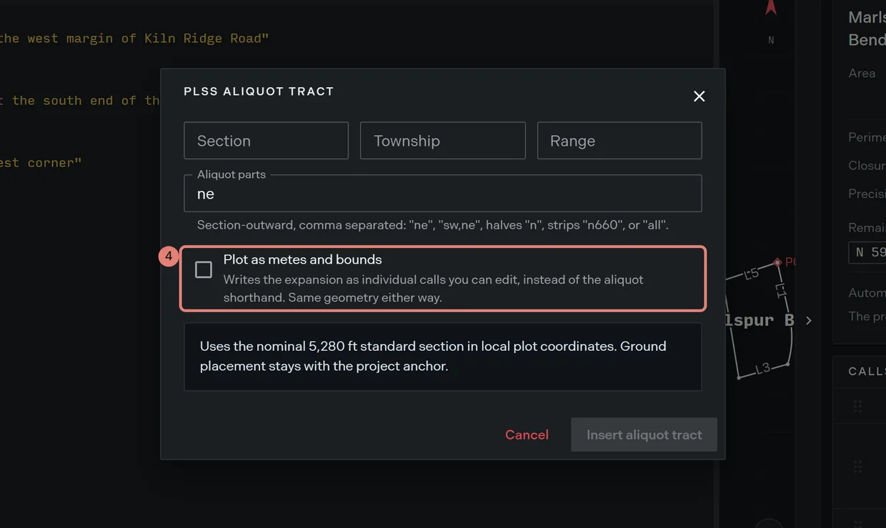 Step 4: the Plot as metes and bounds checkbox on the aliquot section form