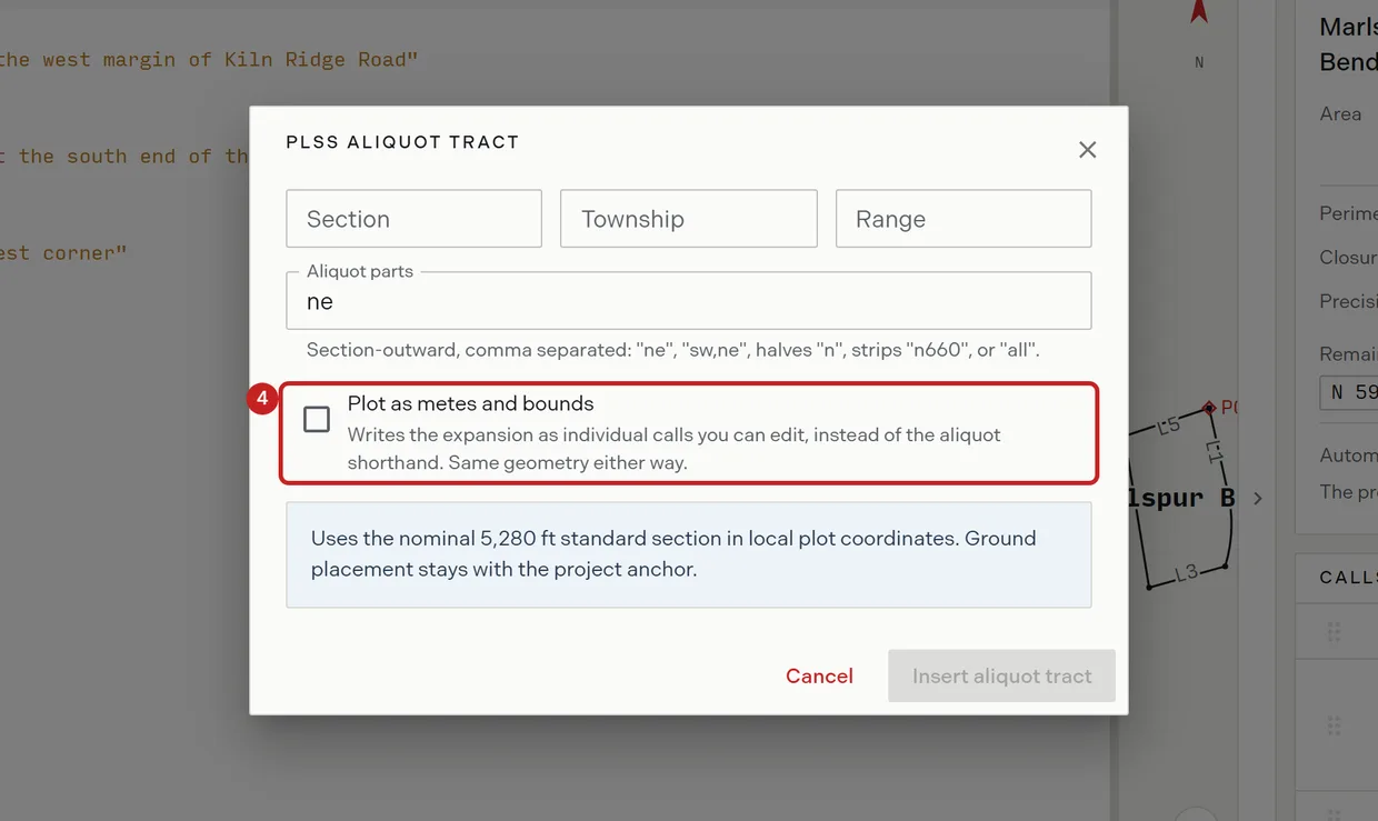 Step 4: the Plot as metes and bounds checkbox on the aliquot section form