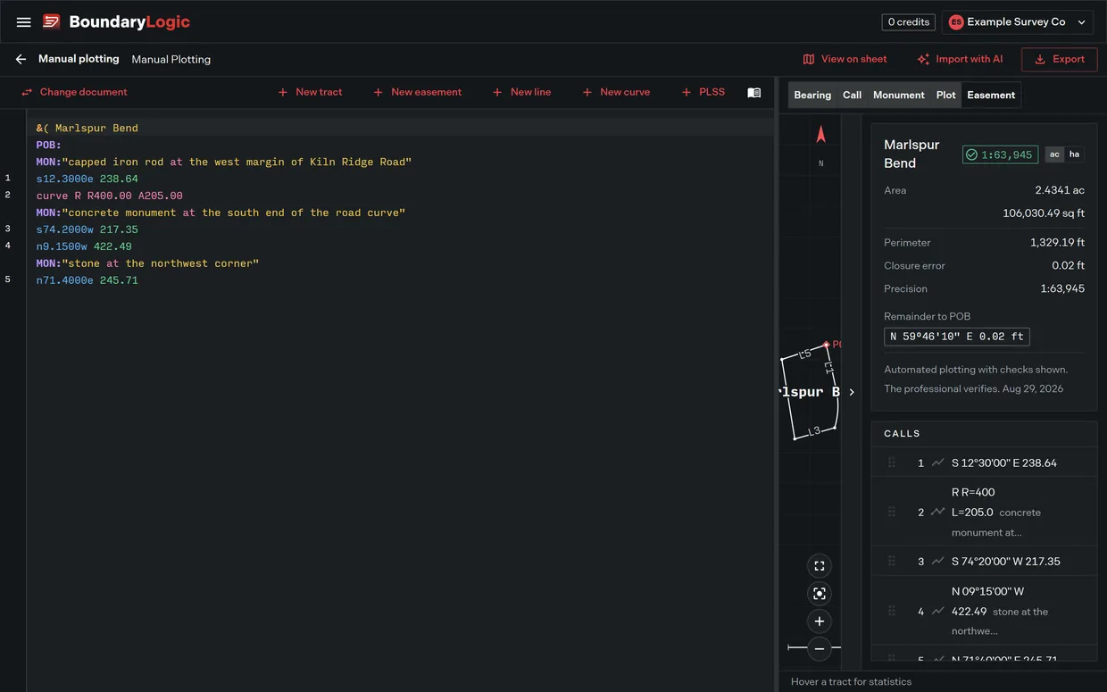 The manual plotting workspace with the editor on the left, the quick command toolbar above it, and the plot and tract card on the right