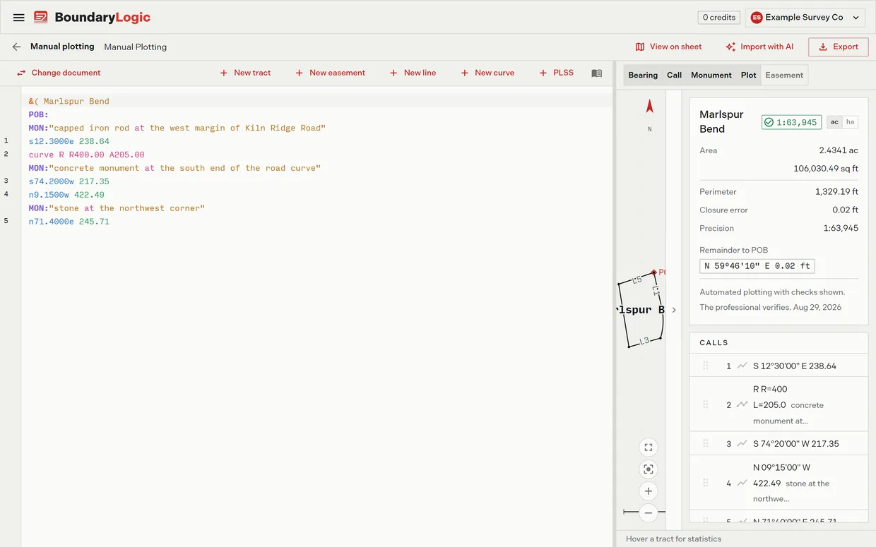 The manual plotting workspace with the editor on the left, the quick command toolbar above it, and the plot and tract card on the right