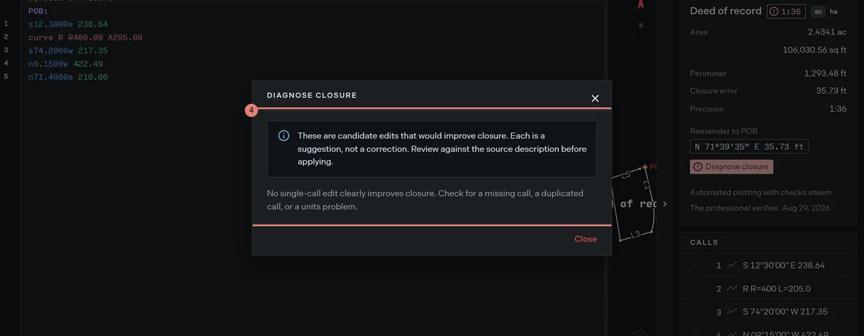Step 4: the closure diagnosis listing its candidate edits, each naming the defect it tested and the line it proposes