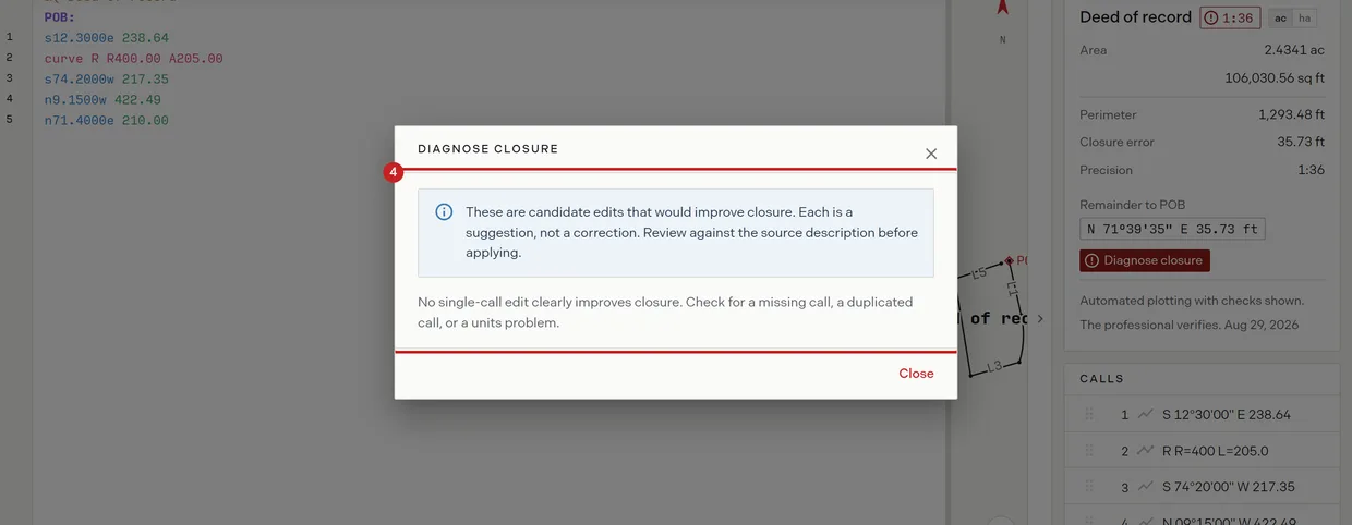 Step 4: the closure diagnosis listing its candidate edits, each naming the defect it tested and the line it proposes