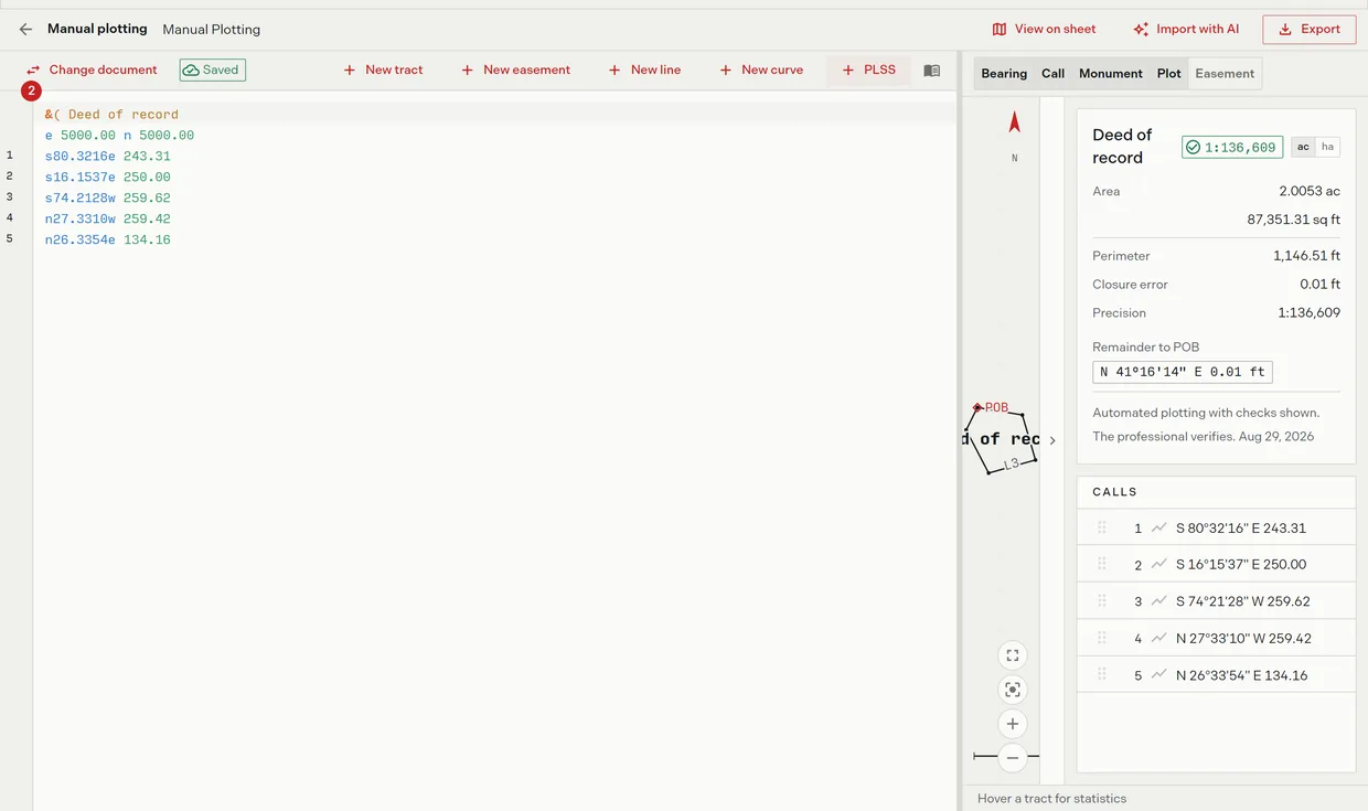 Step 2: the editor after conversion, every coordinate vertex line now a bearing and distance call numbered in the gutter