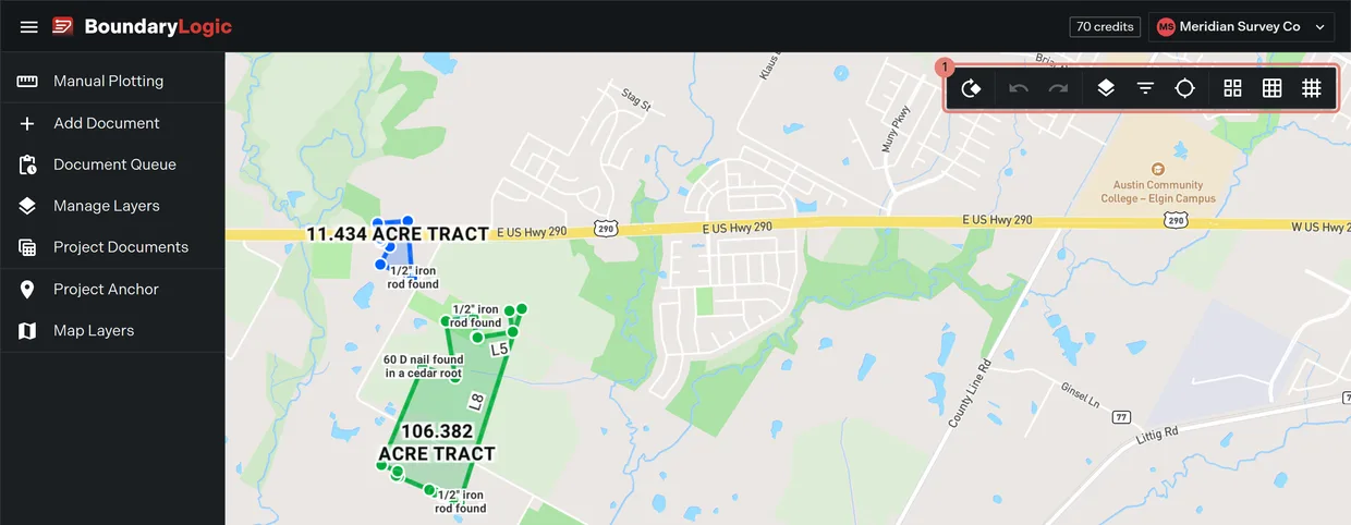 Step 1: the map toolbar, with the three PLSS grid controls at its right hand end