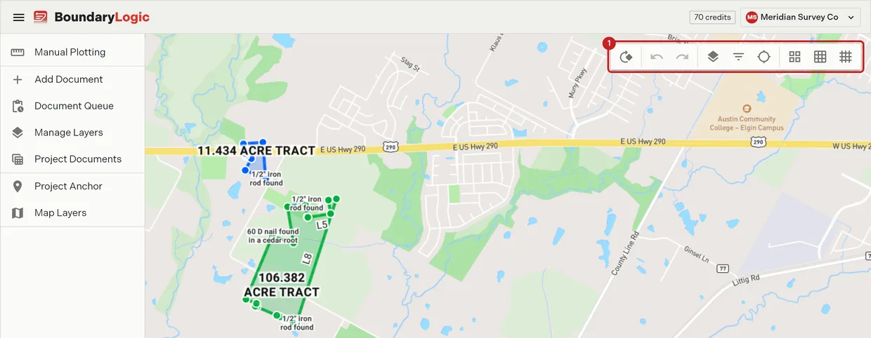Step 1: the map toolbar, with the three PLSS grid controls at its right hand end
