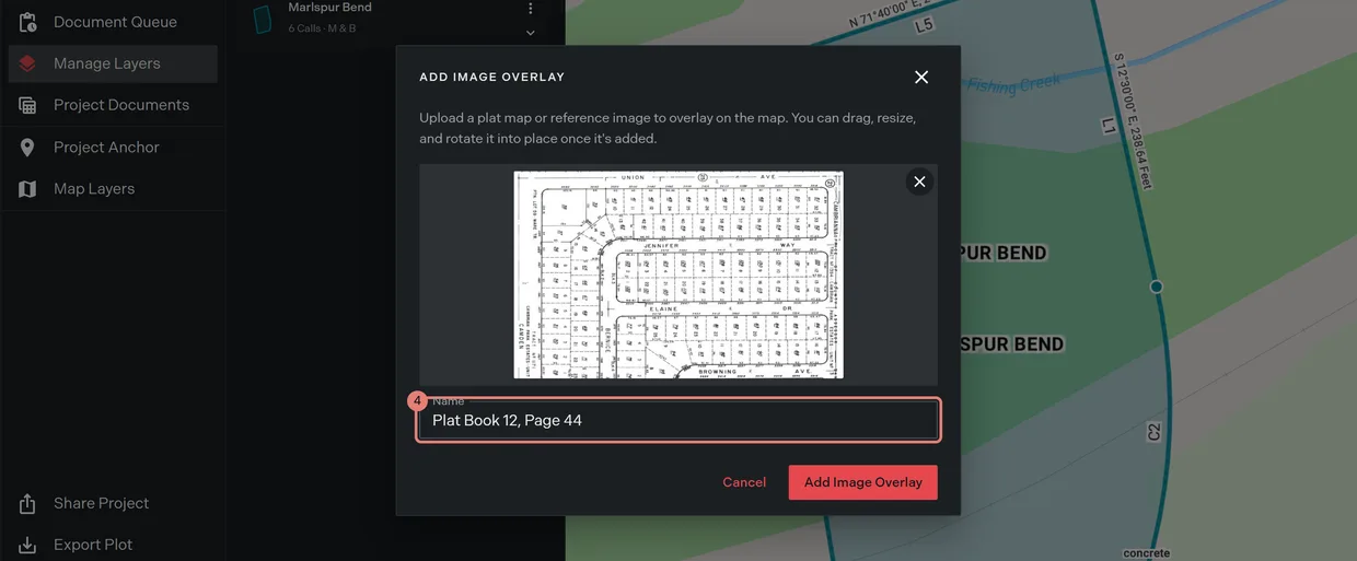 Step 4: the Name field in the Add Image Overlay dialog, carrying a layer name typed over the file name default