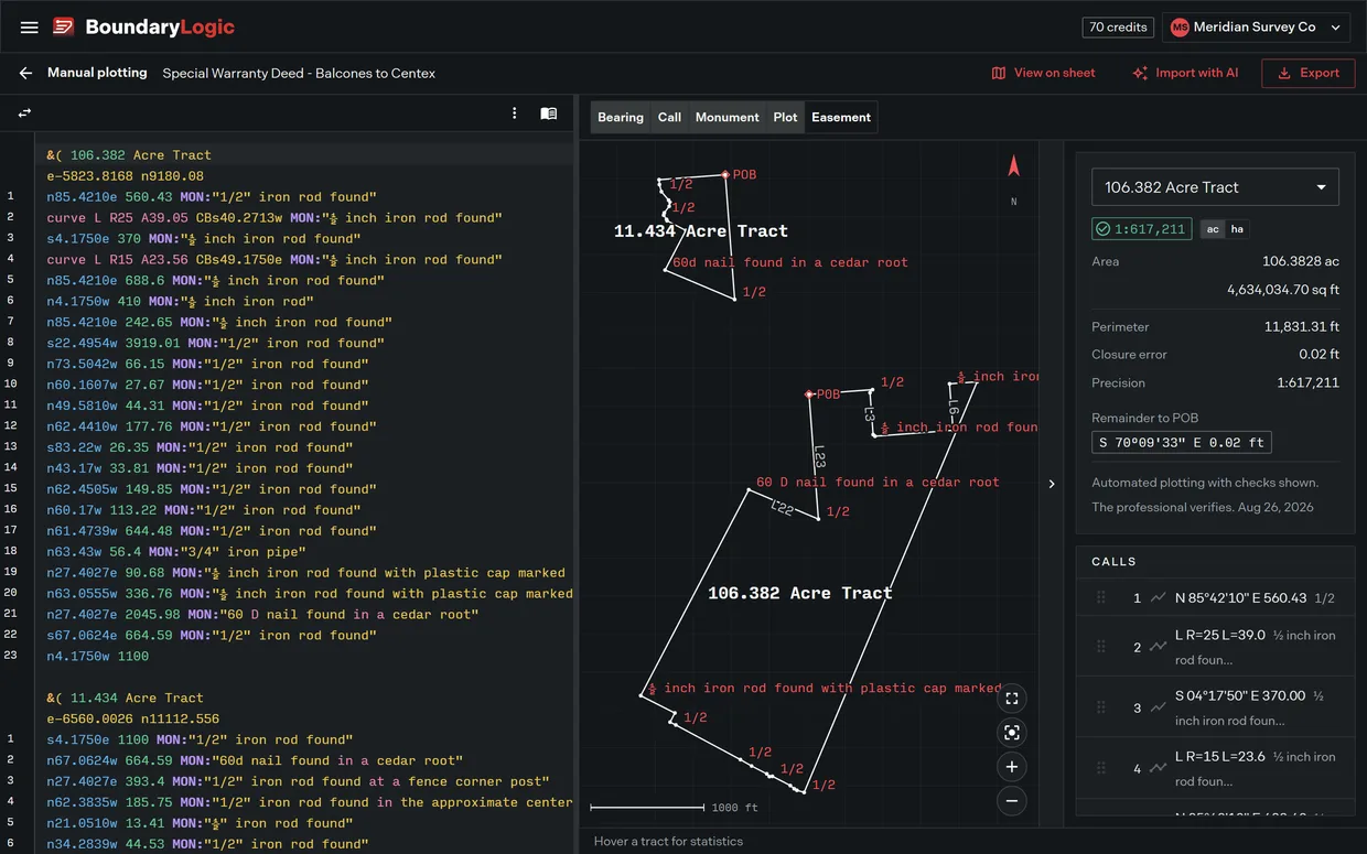 The Trace manual plotting workspace with a plotted traverse and live closure and precision readouts