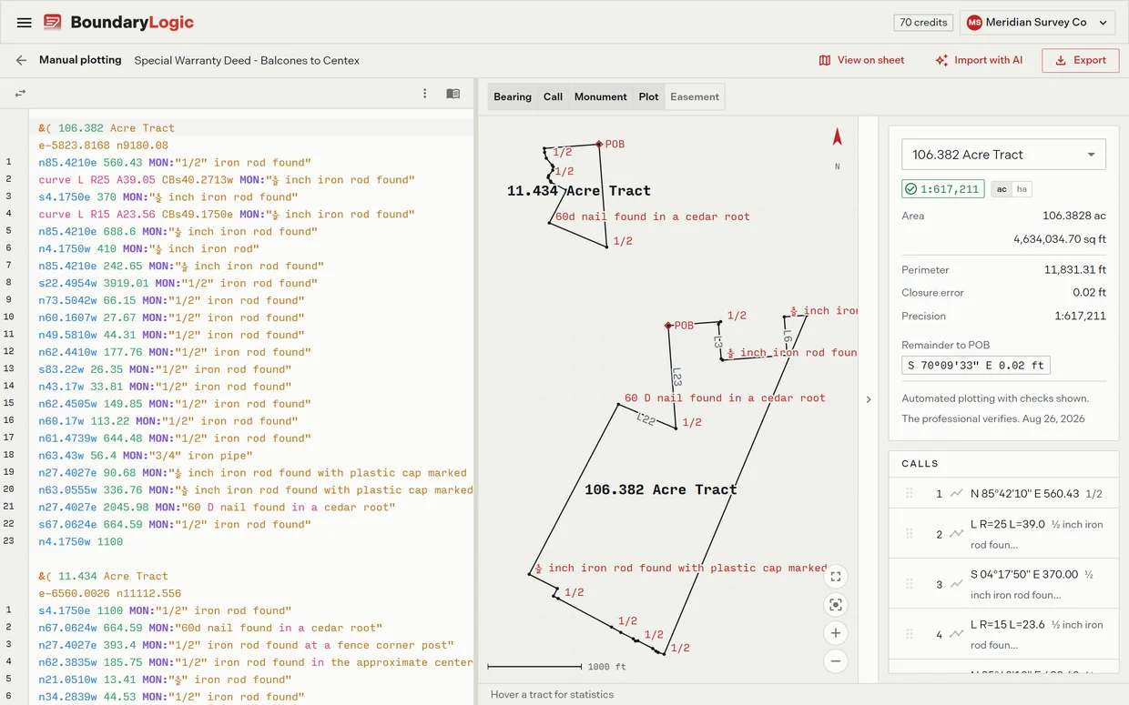 The Trace manual plotting workspace with a plotted traverse and live closure and precision readouts