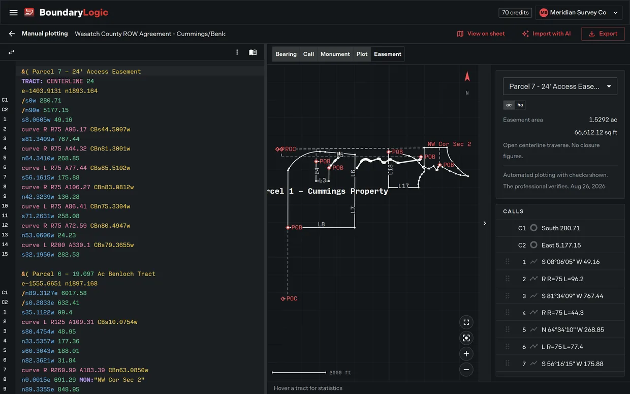 The Trace manual plotting workspace with a plotted traverse and live closure and precision readouts