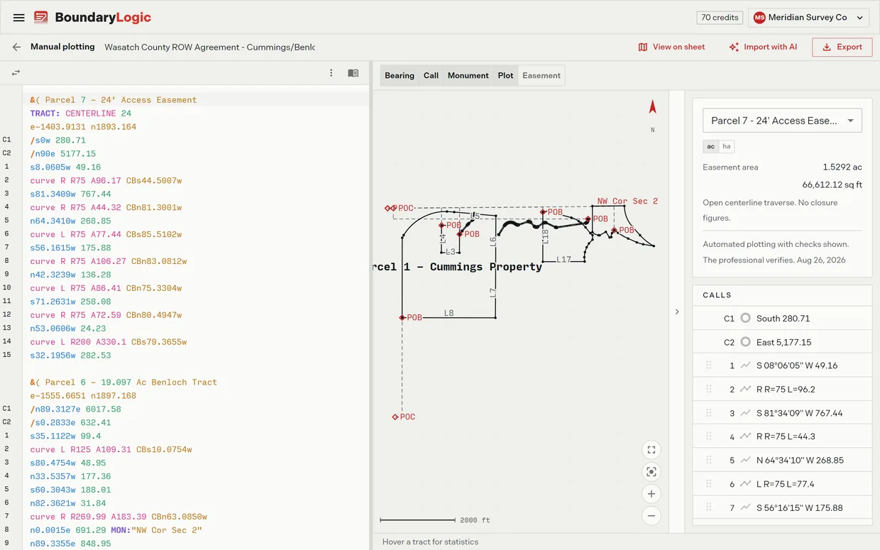 The Trace manual plotting workspace with a plotted traverse and live closure and precision readouts
