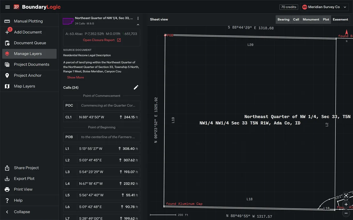 An expanded layer card in the Manage Layers pane showing the area, perimeter, misclosure and precision ratio line, the Open Closure Report link, the source document name, the deed wording and the numbered calls list, beside the plotted drawing