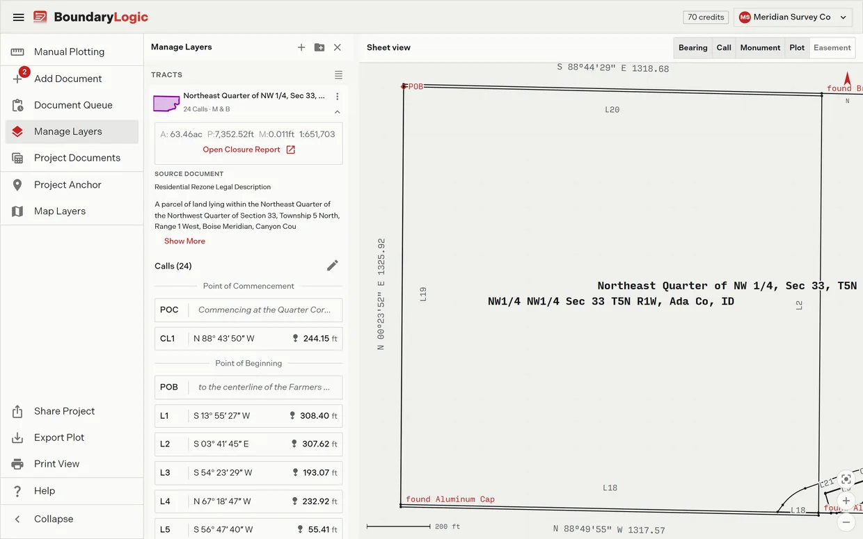 An expanded layer card in the Manage Layers pane showing the area, perimeter, misclosure and precision ratio line, the Open Closure Report link, the source document name, the deed wording and the numbered calls list, beside the plotted drawing