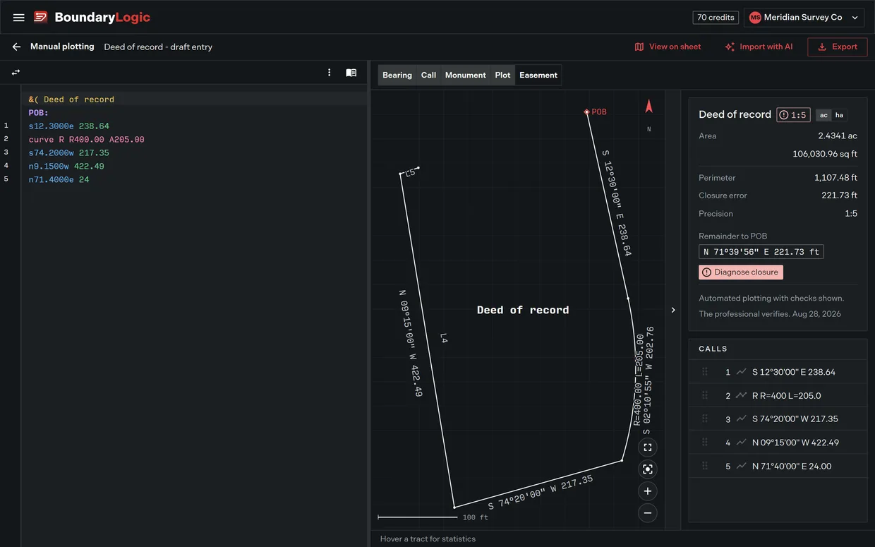 A legal description being typed by hand in Trace with the plot drawing as calls land