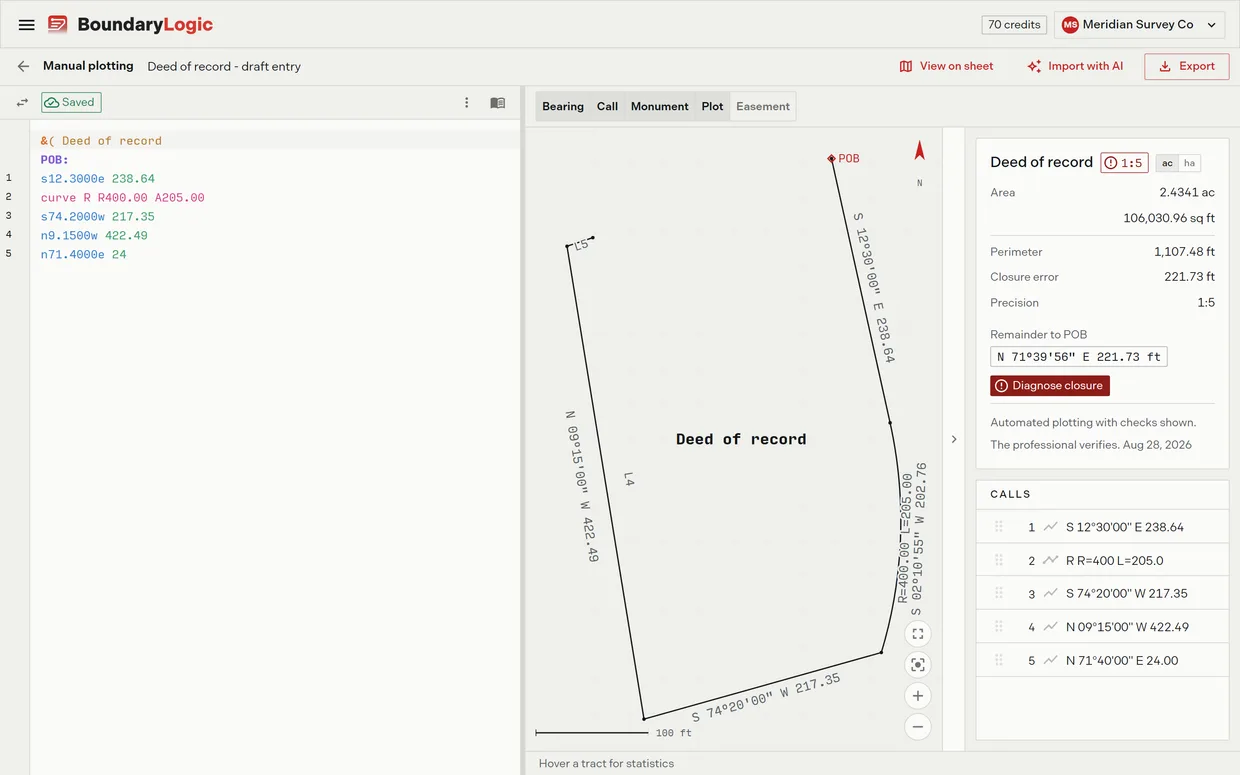 A legal description being typed by hand in Trace with the plot drawing as calls land