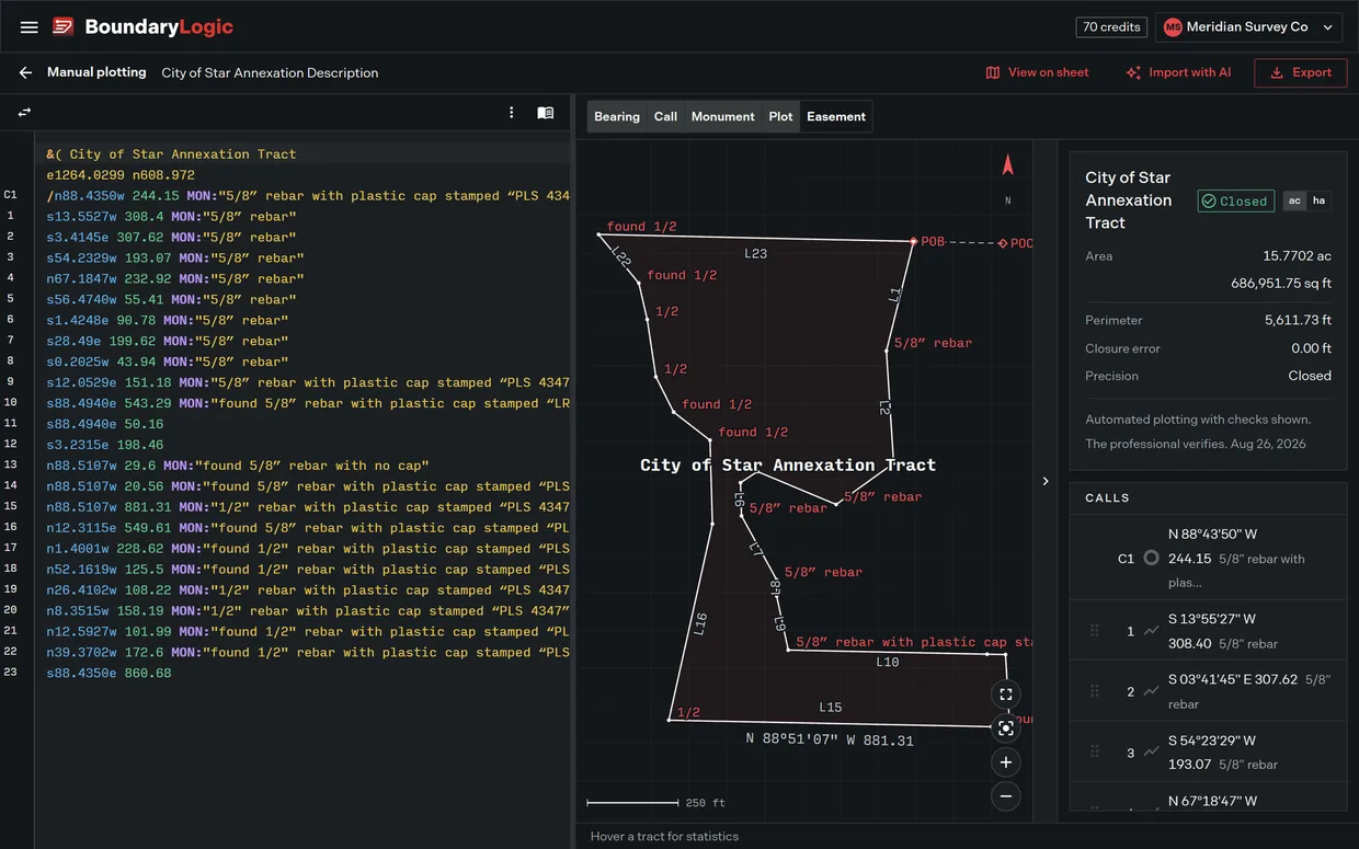 Live tract verifications in Trace: closure, precision, area, perimeter, remainder