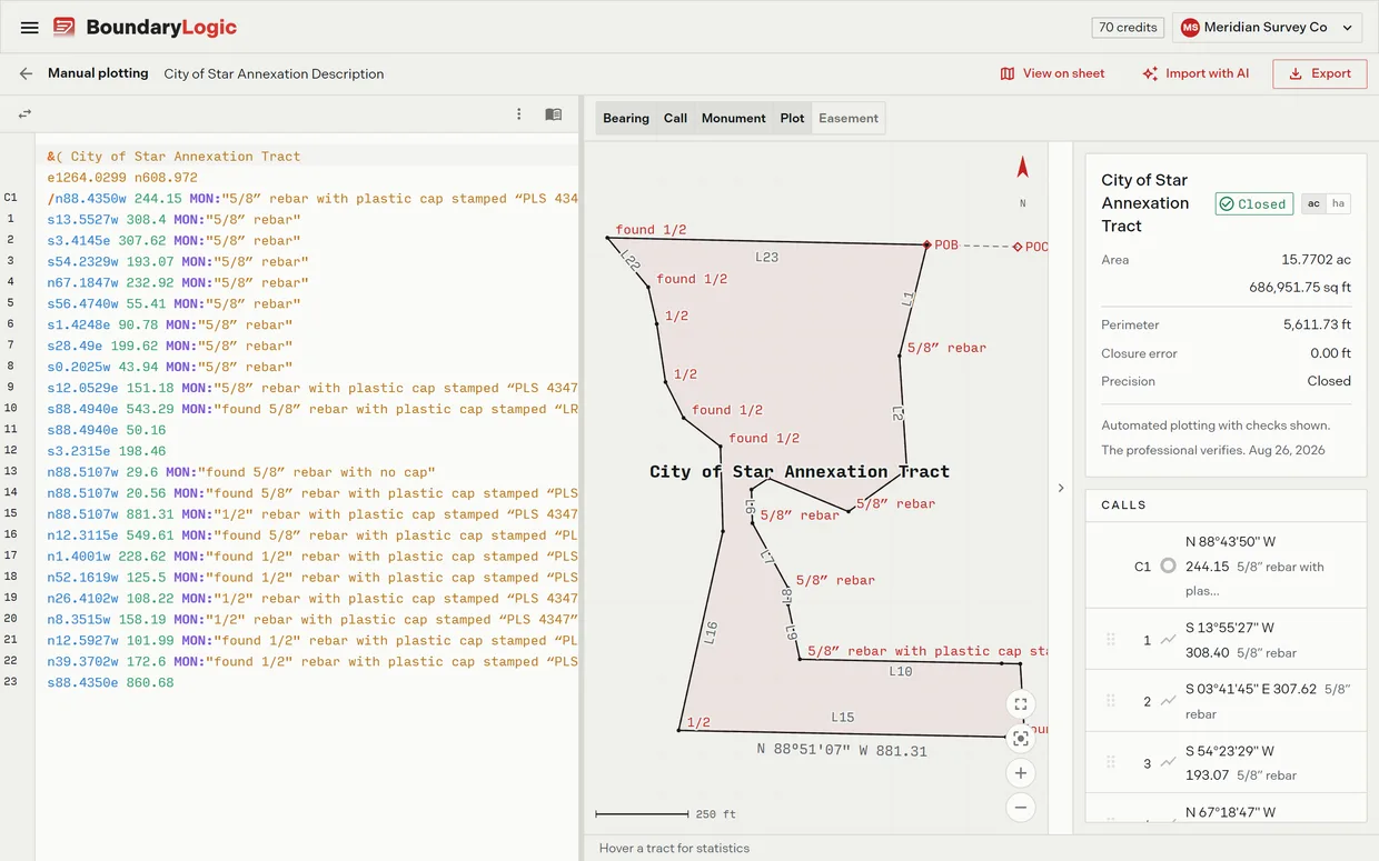 Live tract verifications in Trace: closure, precision, area, perimeter, remainder
