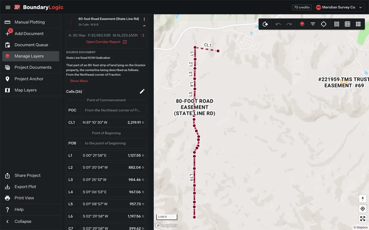 A centerline easement corridor plotted over a base tract in Trace