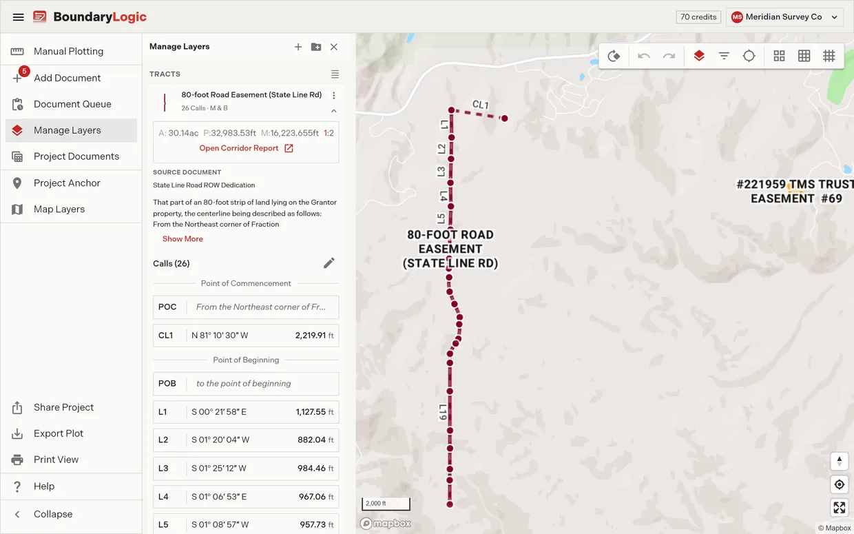 A centerline easement corridor plotted over a base tract in Trace