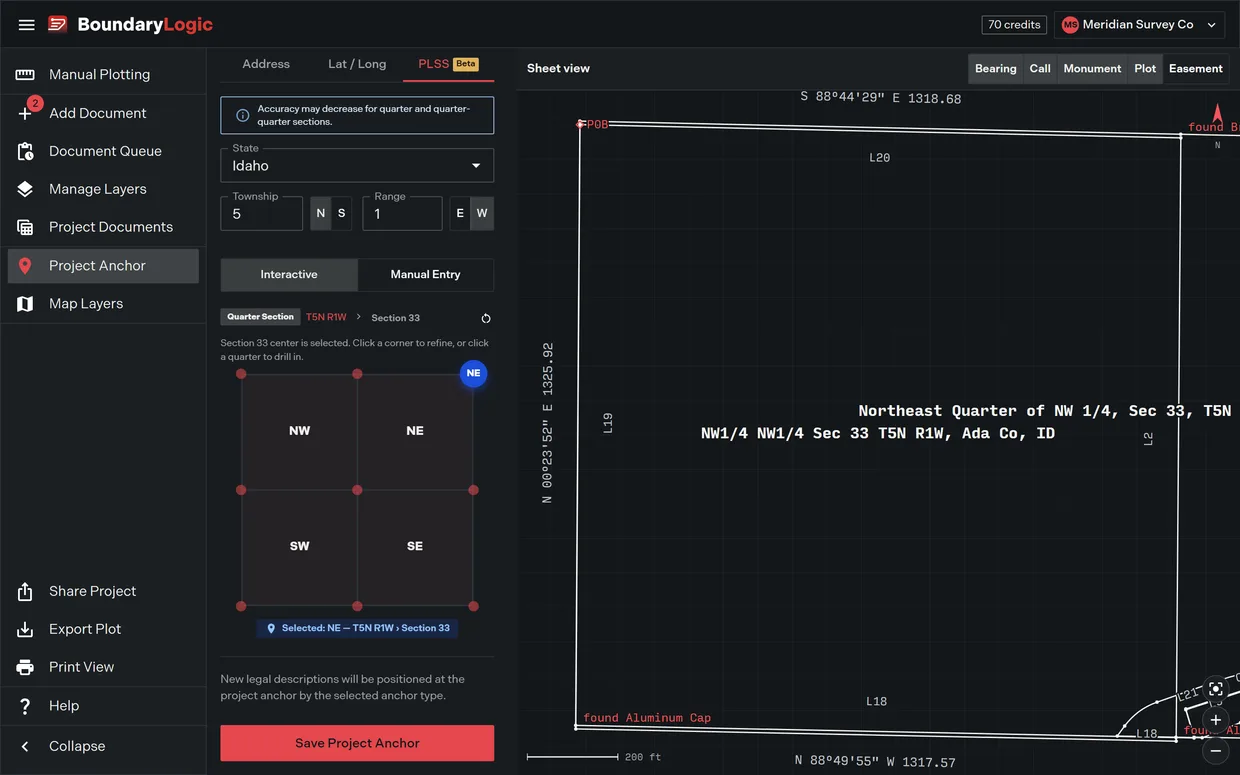 A PLSS aliquot reference being placed in Trace