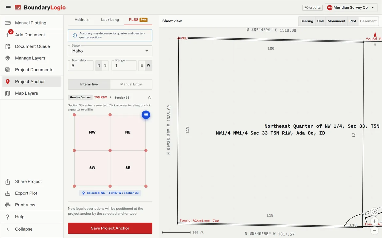 A PLSS aliquot reference being placed in Trace