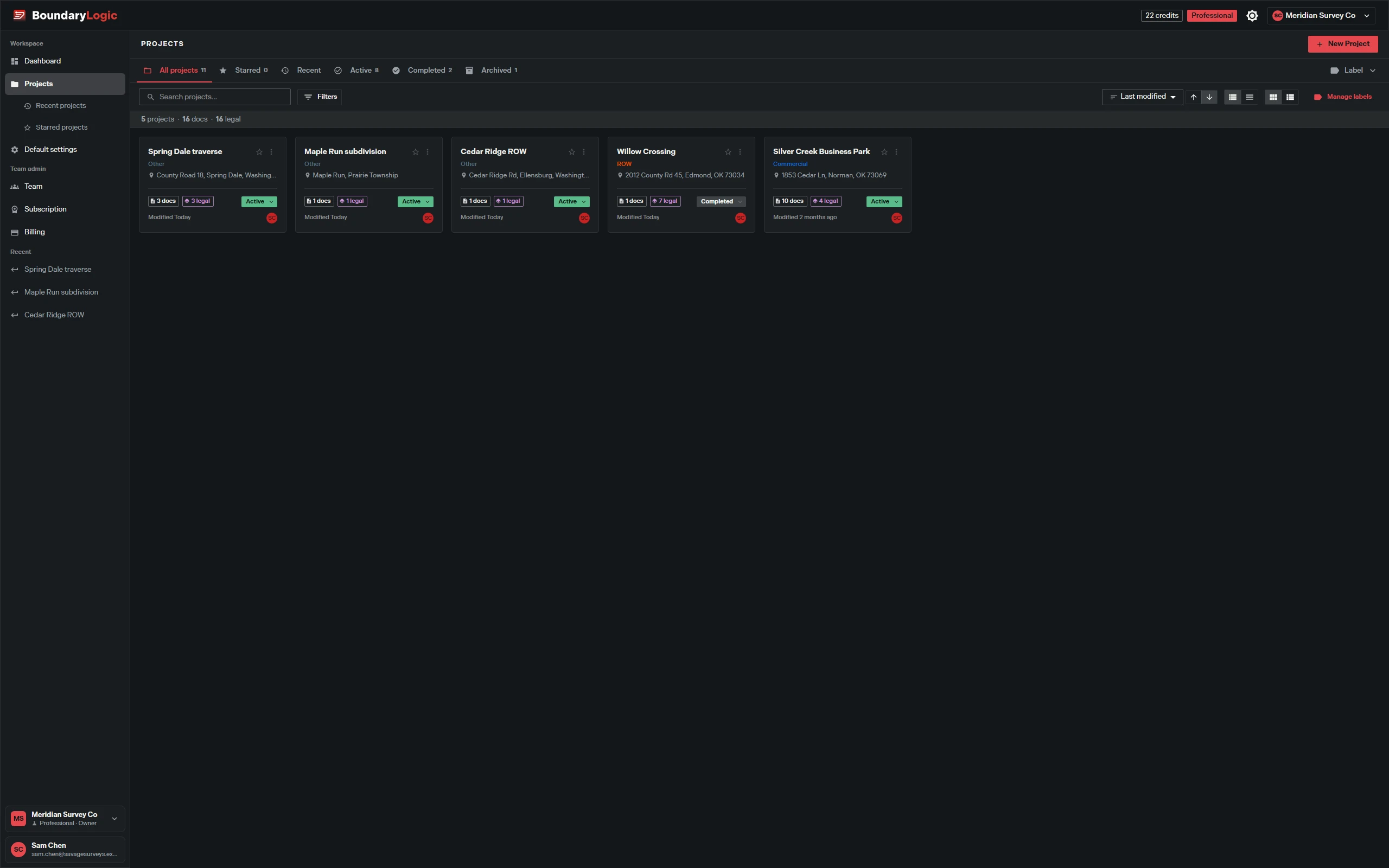 Projects listed with their current statuses