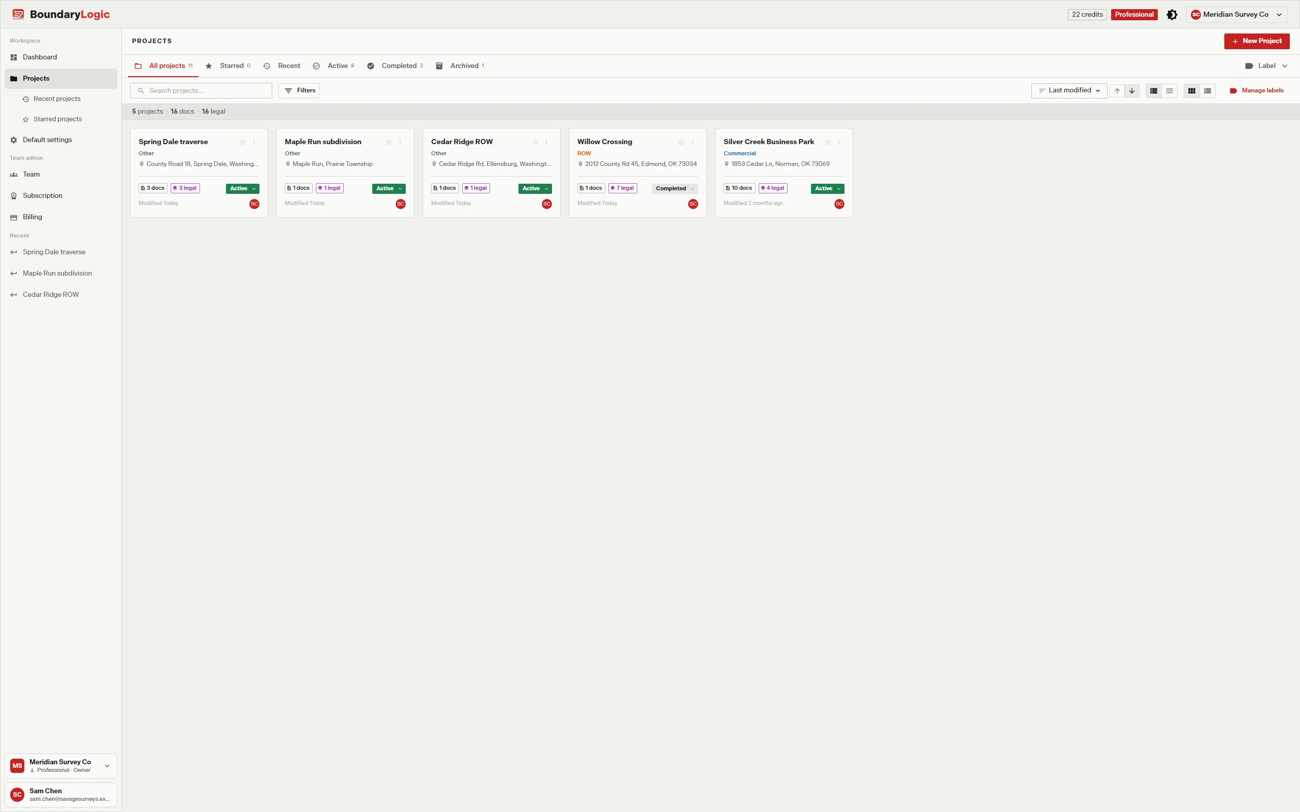 Projects listed with their current statuses