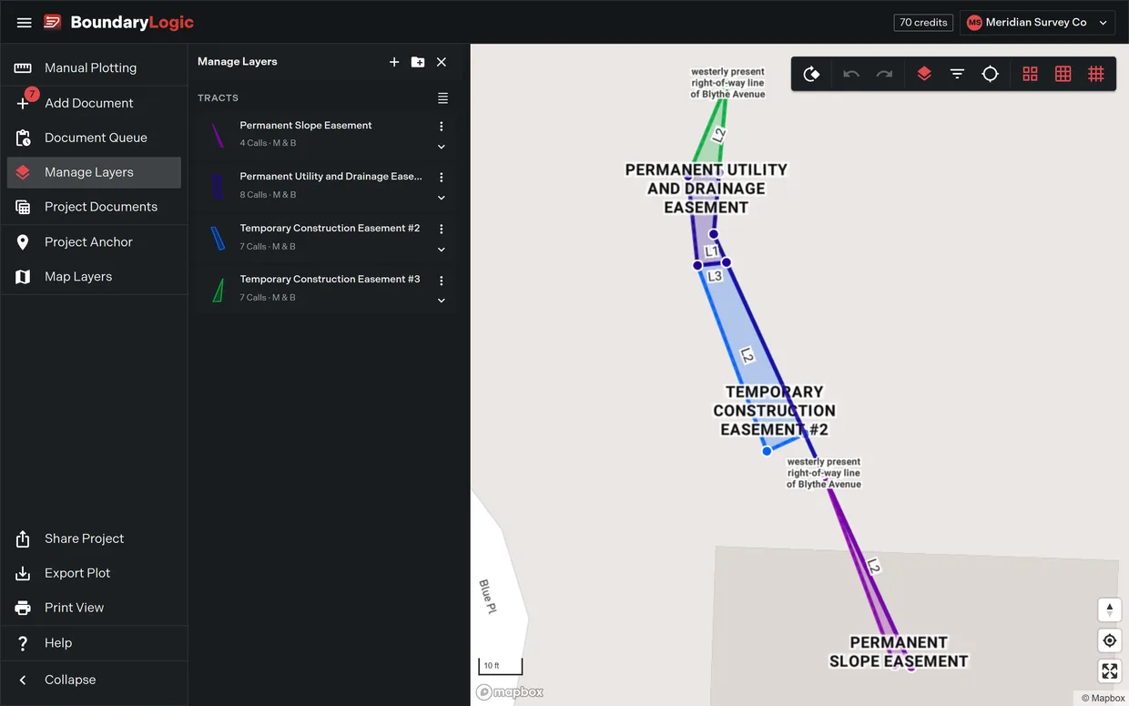 A plot placed in real-world map context in Trace with the manage layers panel open