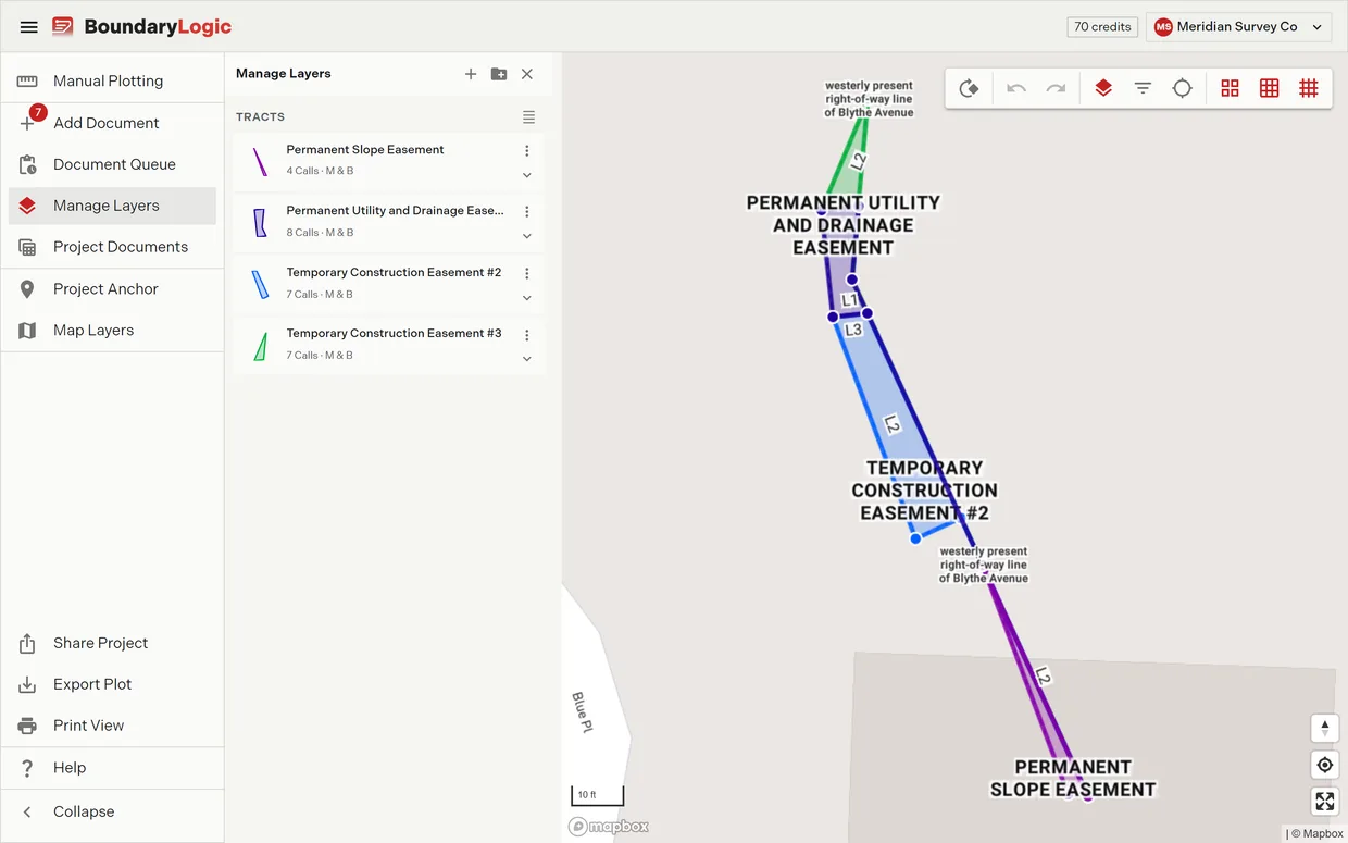 A plot placed in real-world map context in Trace with the manage layers panel open