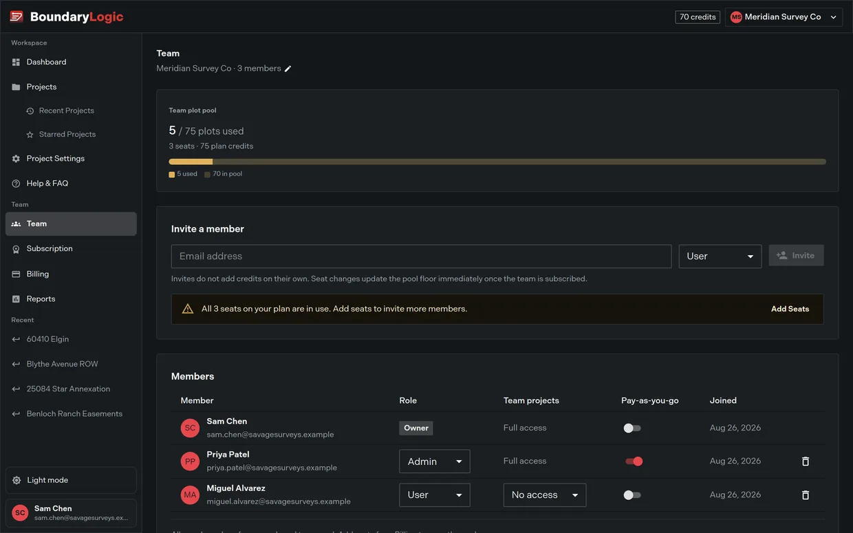 Team administration in Trace: members, roles and the shared plot pool