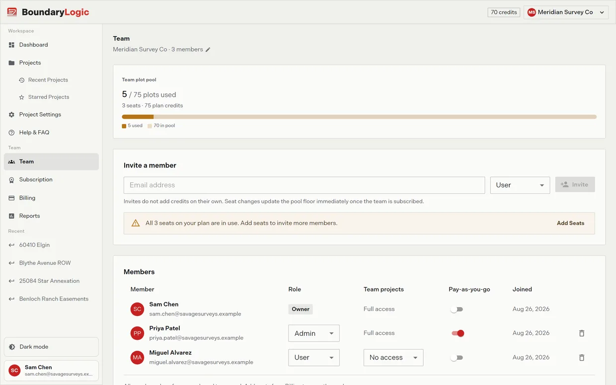Team administration in Trace: members, roles and the shared plot pool